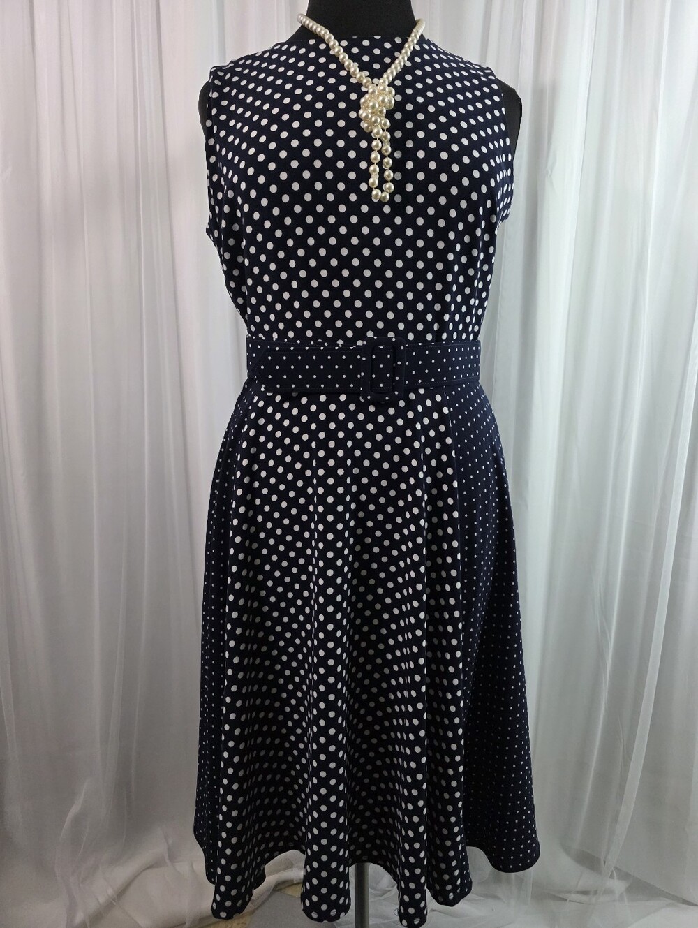 Danny & Nicole Navy and White Polka Dot Dress,  Size 18